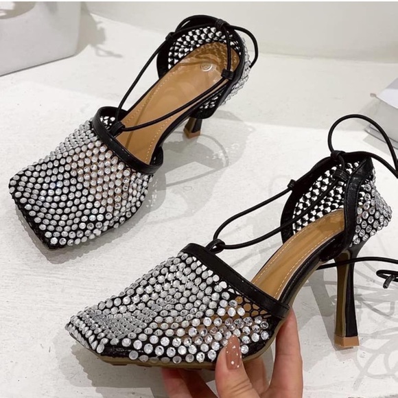 Lace-Up Fishnet Mid High Heel Sandals with rhinestones - Size 10 - Picture 4 of 7